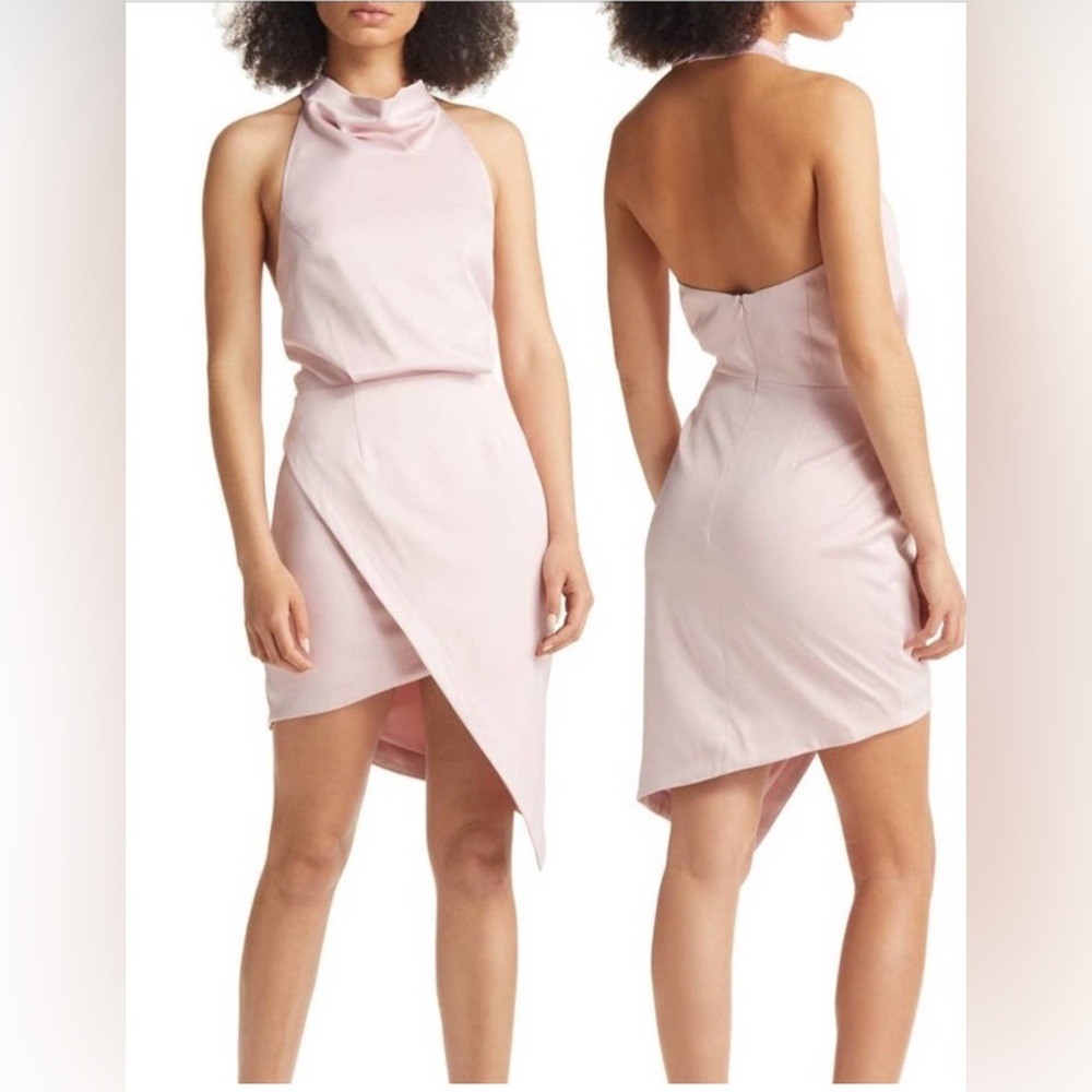 Elliatt Camo Cowl Neck Satin Asymmetrical dress in Blush Pink size XS